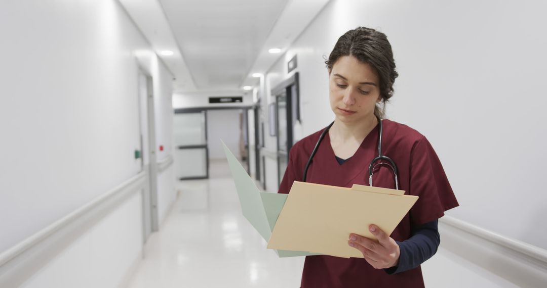 Nurse Reviewing Medical Records in Hospital Corridor - Free Images, Stock Photos and Pictures on Pikwizard.com