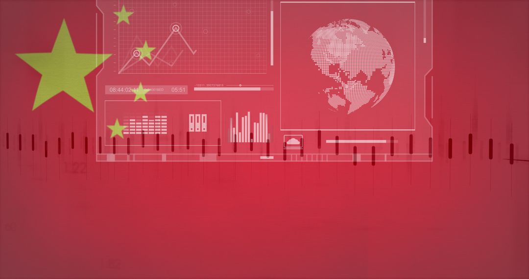 Financial Data and Graphs Overlaying China Flag Background