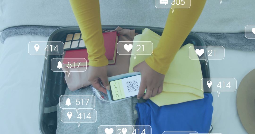Packing Vacation Suitcase with Digital Notifications Overlay