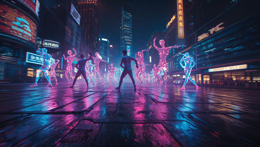 Techwear Dancers Interacting with Holographic Figures