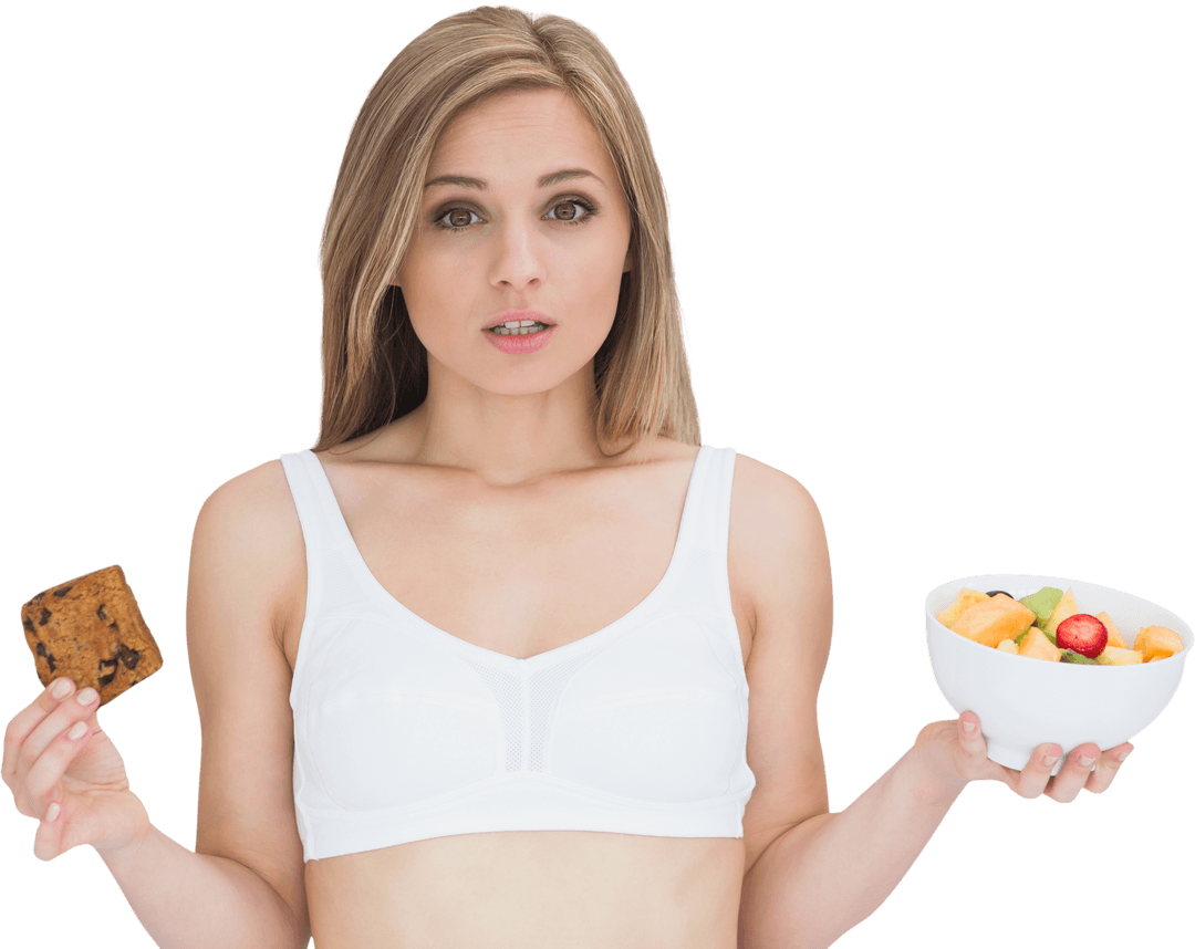 Woman Choosing Between Cookie and Fruit Mix Transparent Background