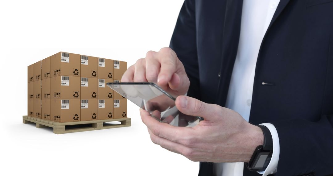 Businessman Operating Clear Smartphone with Shipping Boxes