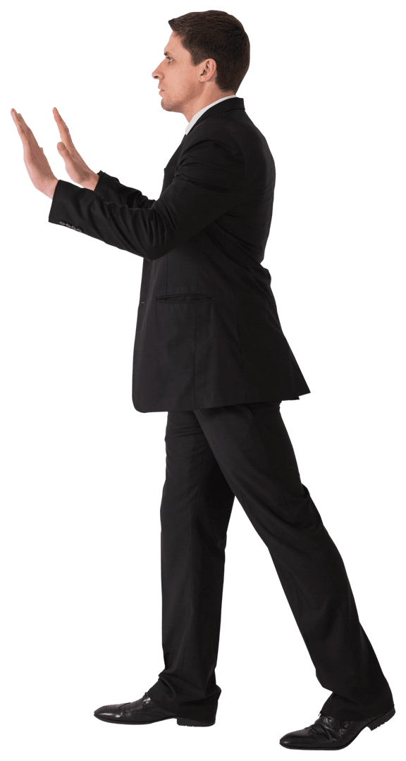 Focused Businessman Walking with Hands Up on Transparent Background