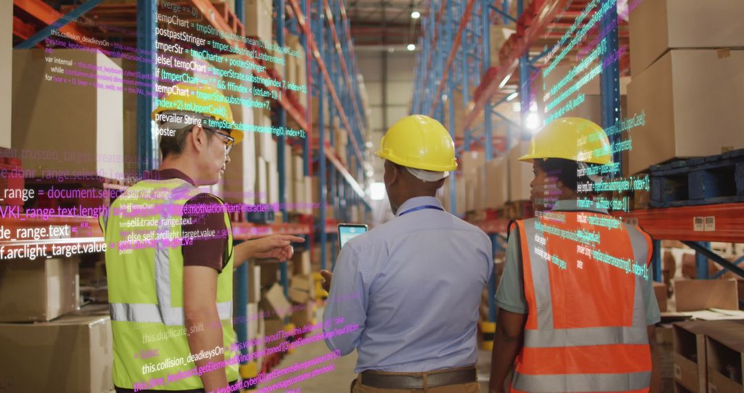 Warehouse Workers Analyzing Digital Data Projections