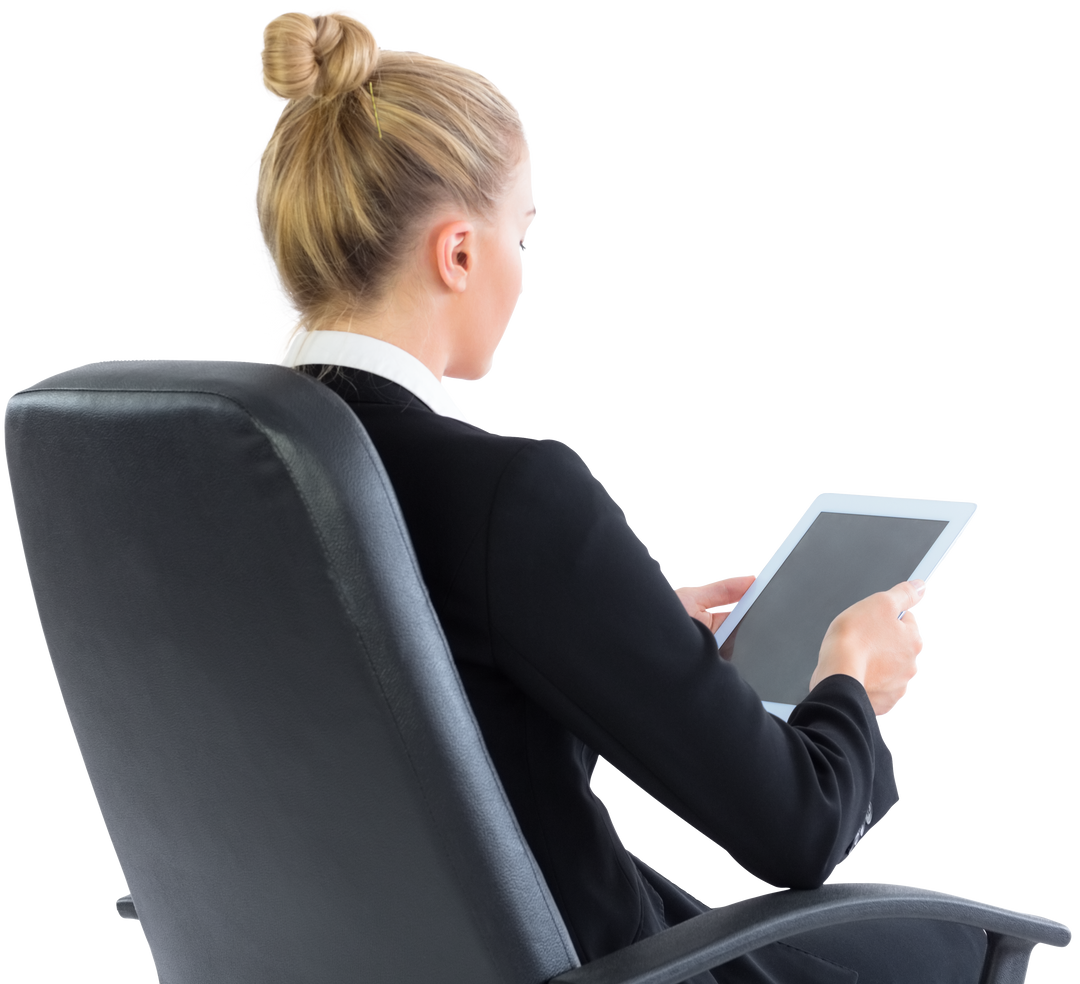 Transparent Blond Businesswoman Sitting on Swivel Chair with Tablet - Download Free Stock Images Pikwizard.com