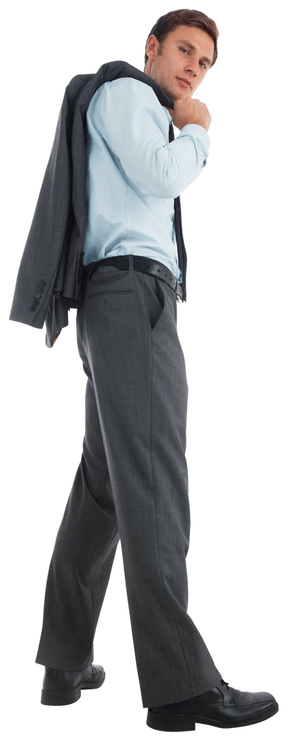 Confident Businessman Holding Jacket in Pose on Transparent Background