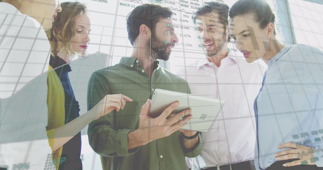 Team Collaborating on Technology with Analytical Overlay