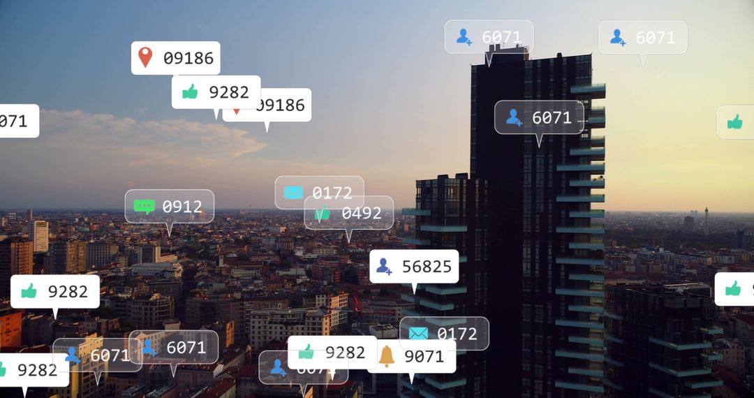 Social Media Engagement Icons with Modern Cityscape Background