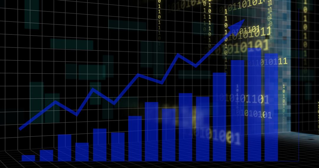 Binary Code and Growing Bar Graph on Dark Digital Background