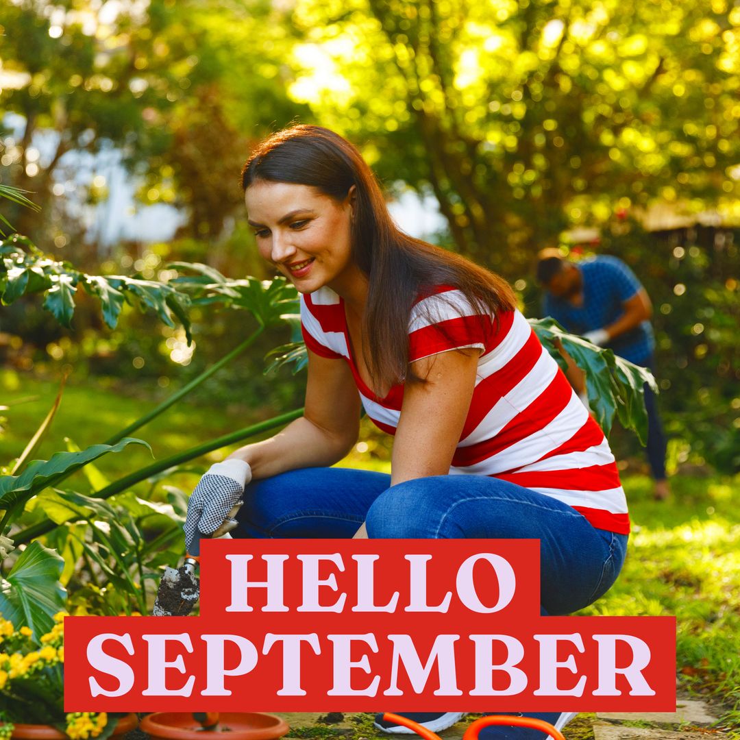 Woman Gardening in Autumn with Hello September Message