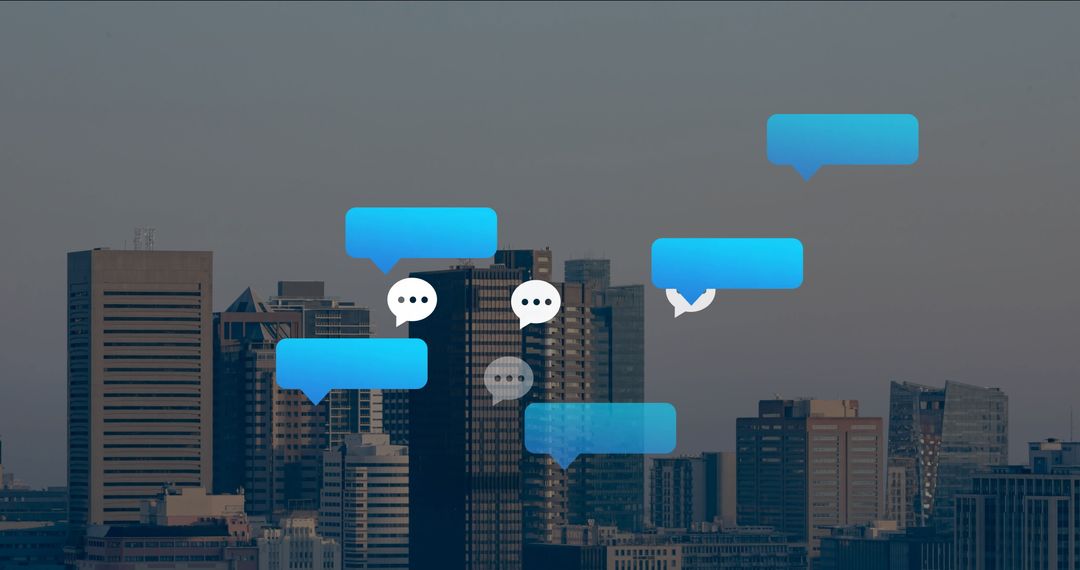 Floating Chat Bubbles over Urban Skyline Illustrating Modern Communication