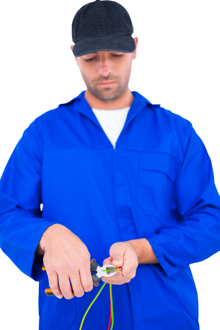 Electrician in Blue Uniform Cutting Wires on Transparent Background