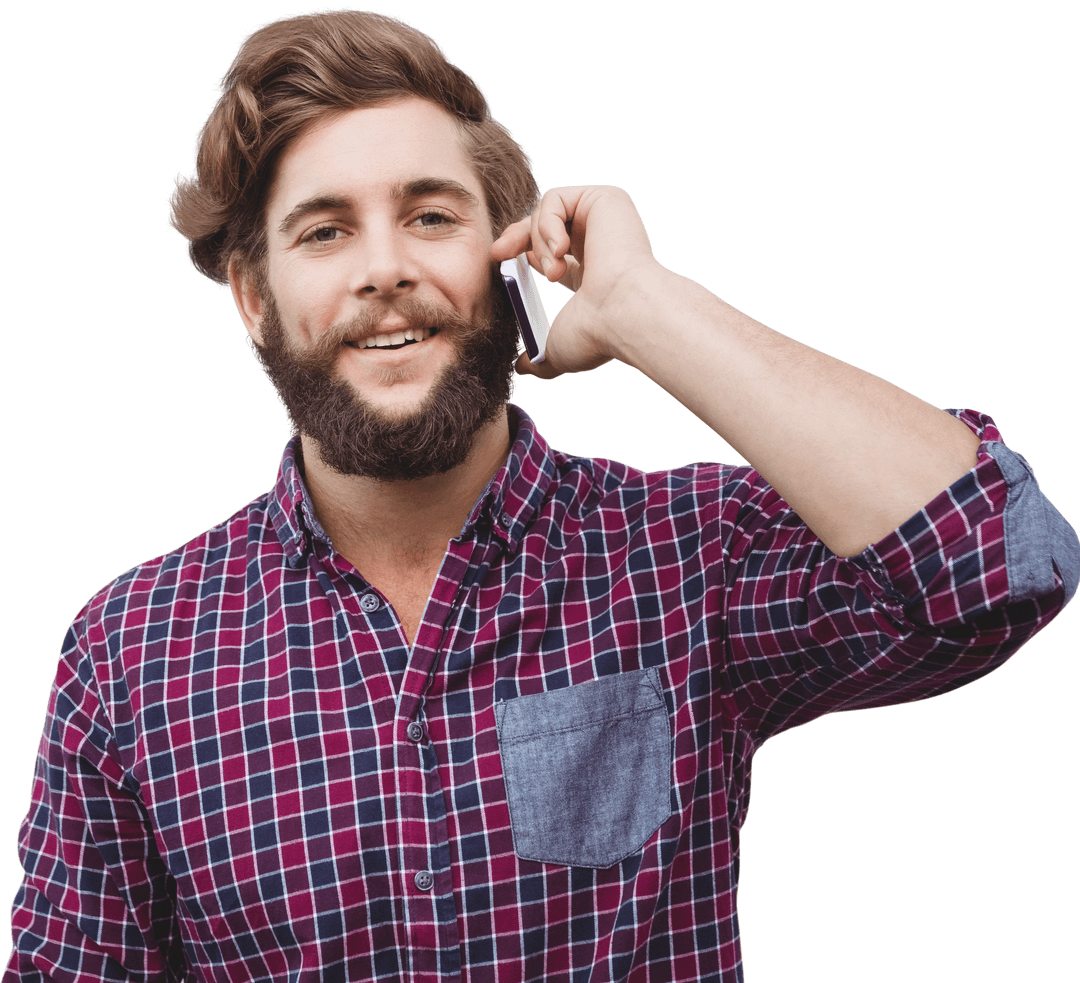 Hipster with Beard Talking on Transparent Cellphone Vector
