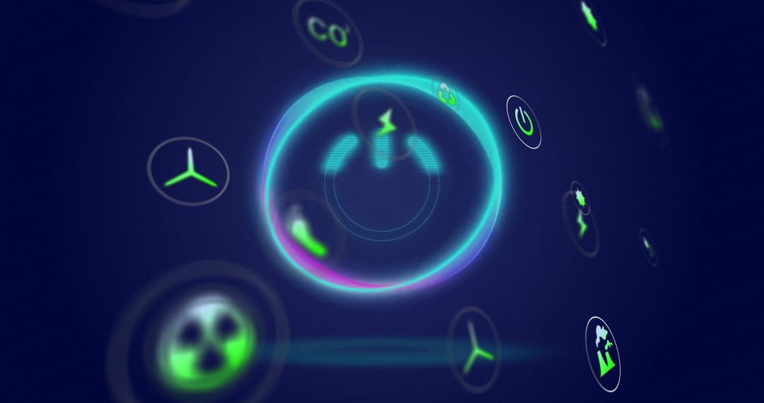 Glowing Power Button Surrounded by Energy Icons on Blue