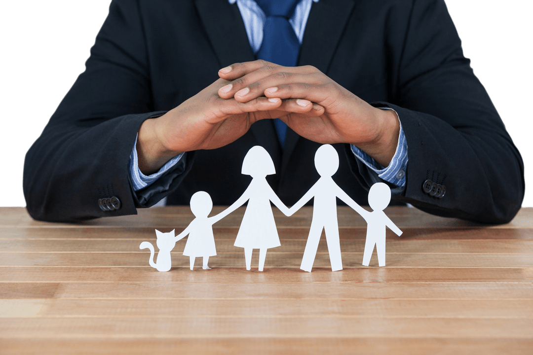 Transparent Insurance Concept with Protective Hands Guarding Family