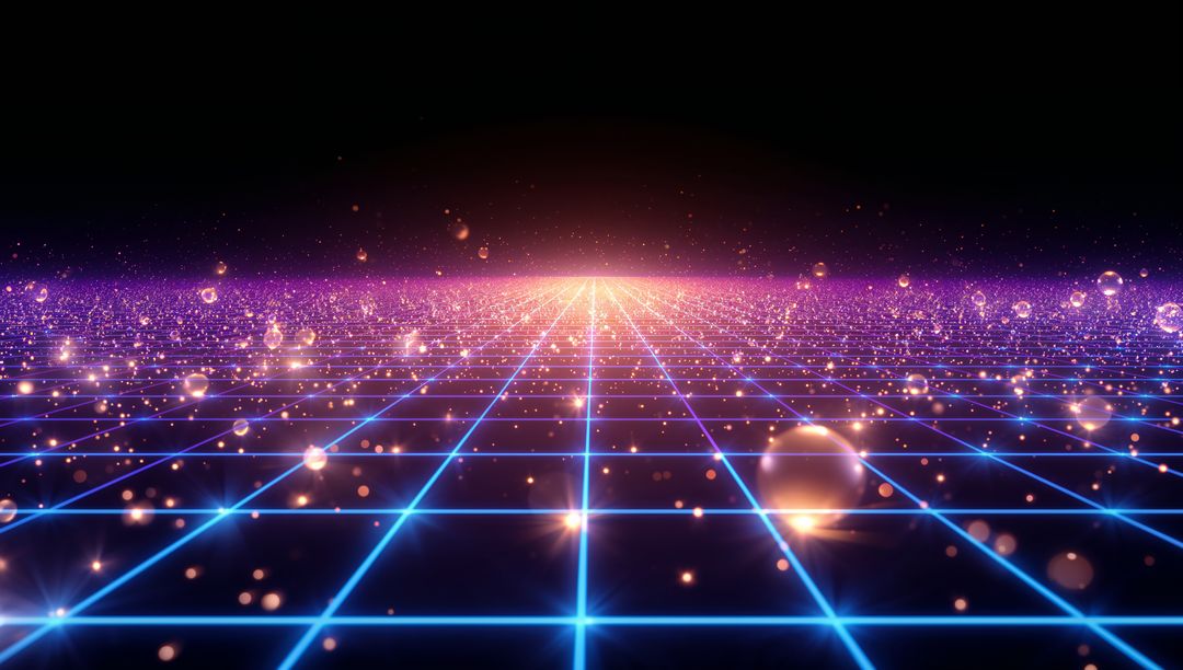 Futuristic Neon Grid with Floating golden Sparks and Globes