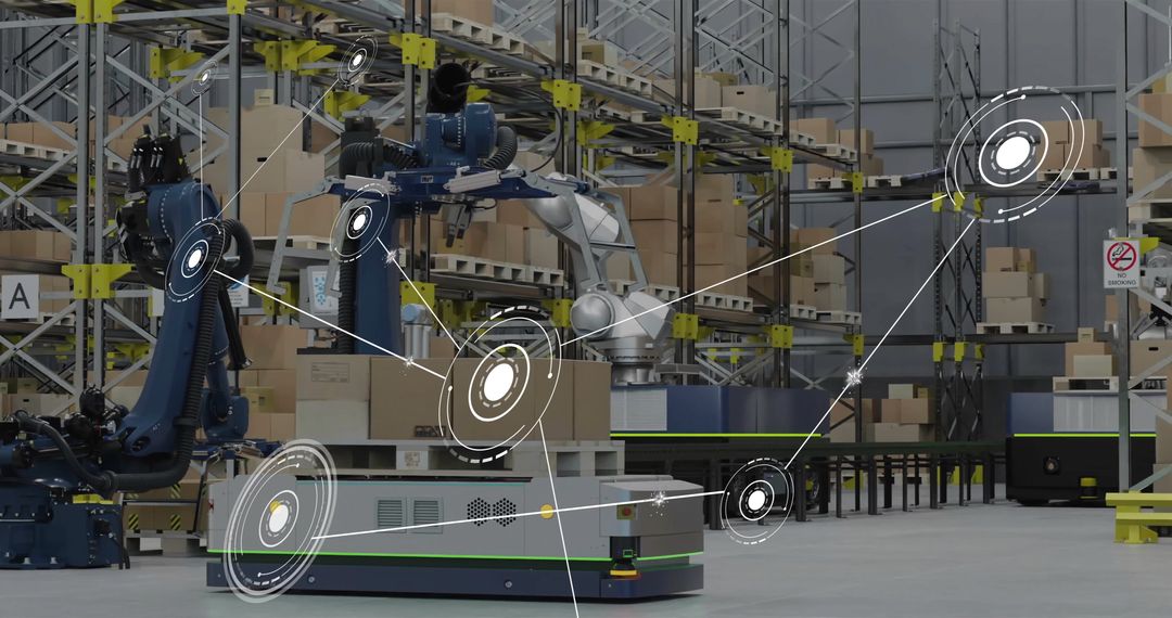 Warehouse Automation with Robotic Arm Showcasing Futuristic Networking