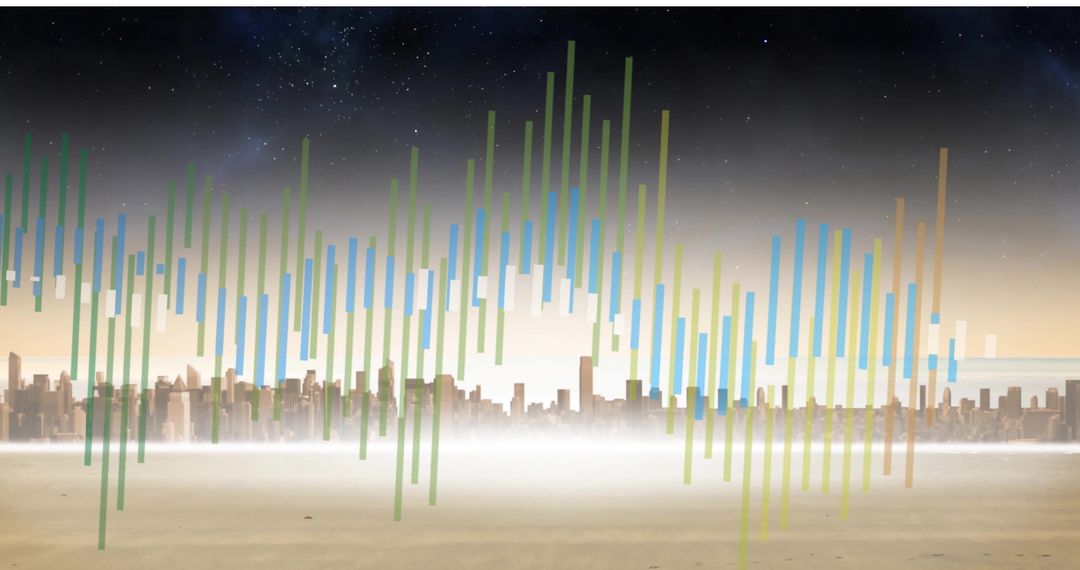 Abstract Financial Data Visualization Over Cityscape at Dusk