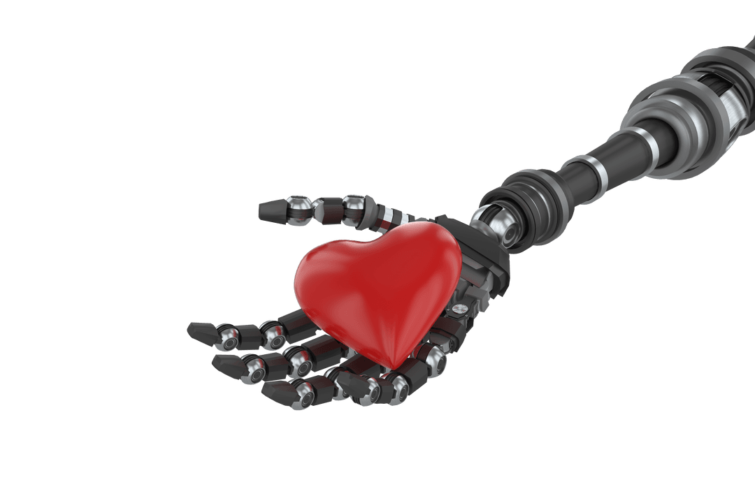 Transparent Robot Hand Holding Red Heart Symbol in 3D