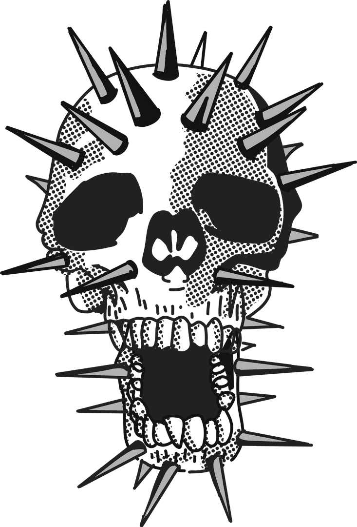 Spiked Skull Graphic Art with Halftone Details on Transparent Background
