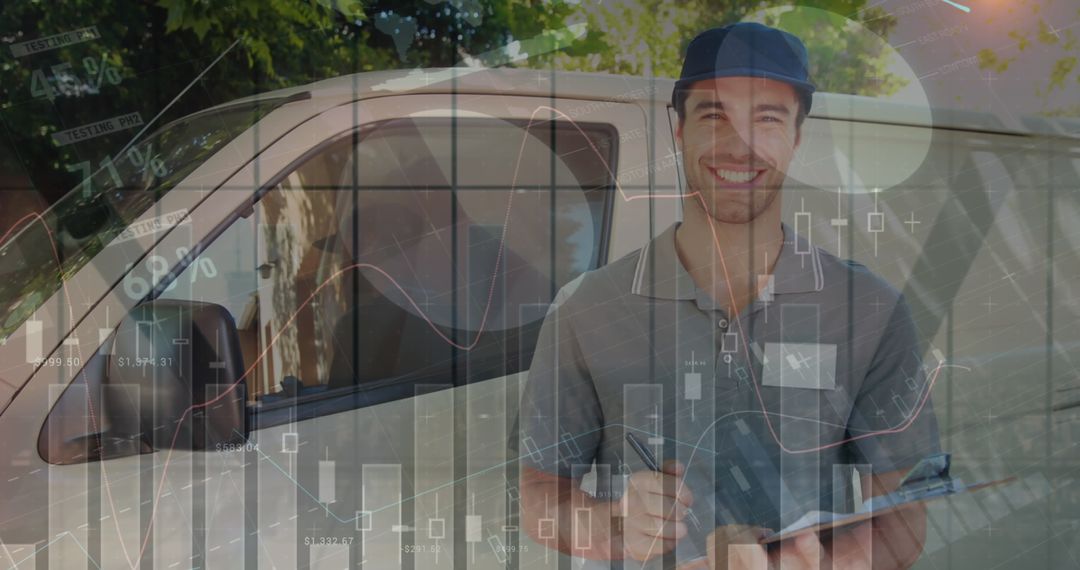 Smiling Delivery Man with Digital Financial Charts Overlay