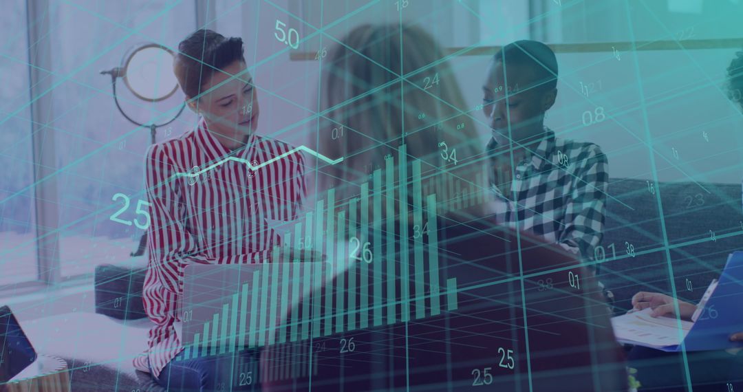 Diverse Team Analyzing Data with Digital Financial Graphics Overlay