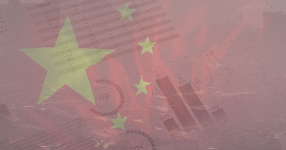 Chinese Economy Represented by Flag and Financial Index Graphics