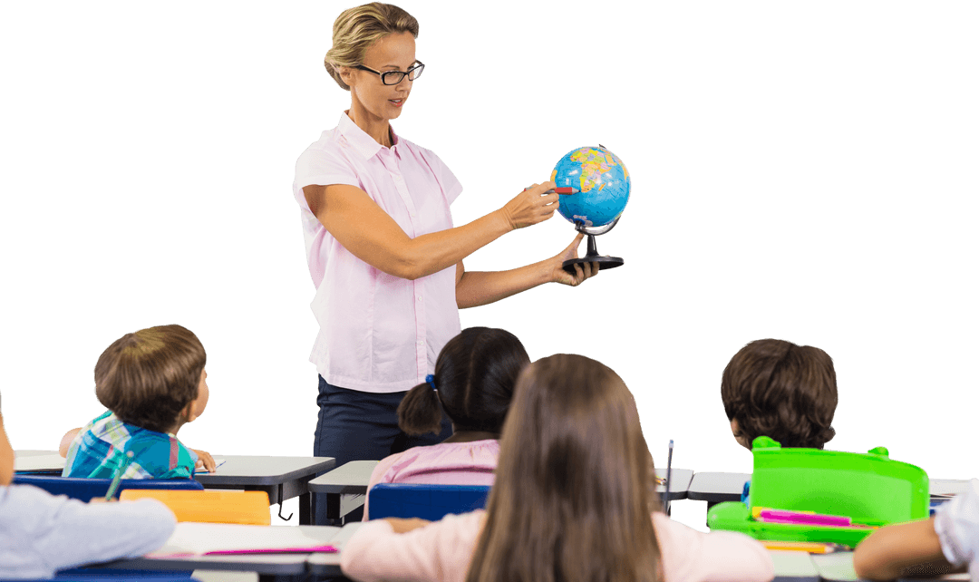 Transparent Classroom with Teacher Holding Globe