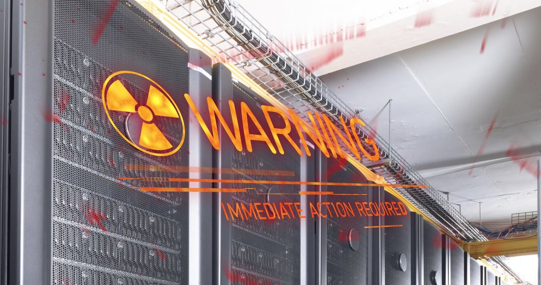 Warning Sign Over Dark Server Room Highlighting Cyber Threats