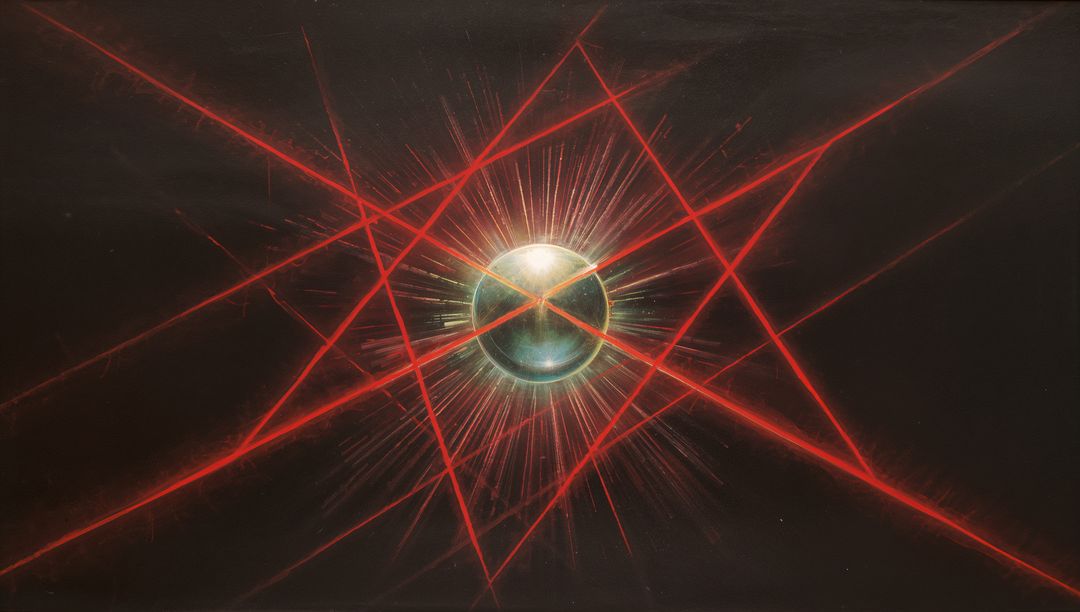 Metallic Orb Emitting Neon Green Halo and Red Geometric Starburst on Dark Cosmic Void