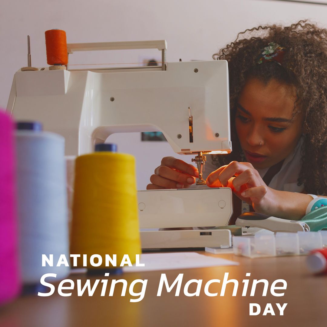 Woman Threading Sewing Machine in Creative Workspace
