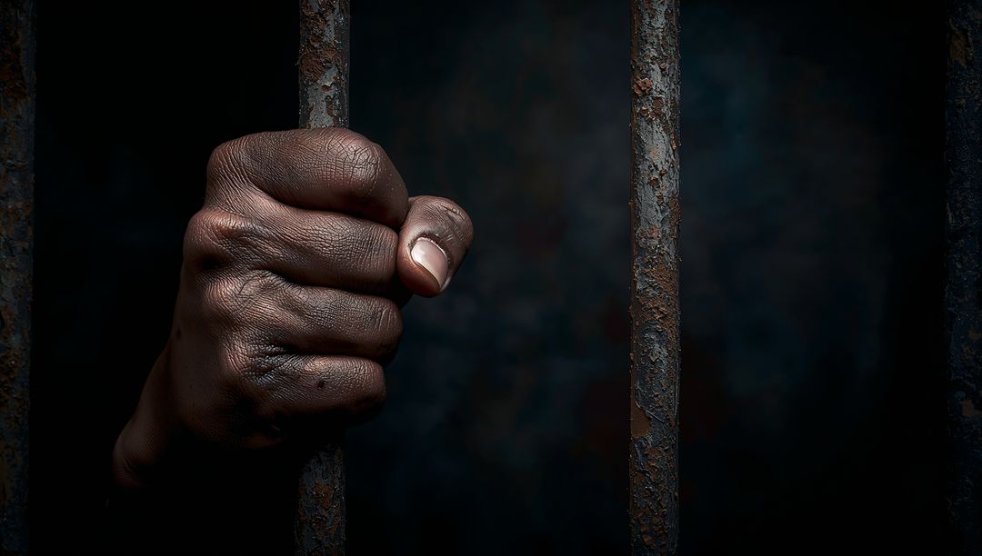 Close-Up of Hand Gripping Rusted Jail Bars in Dim Prison Cell