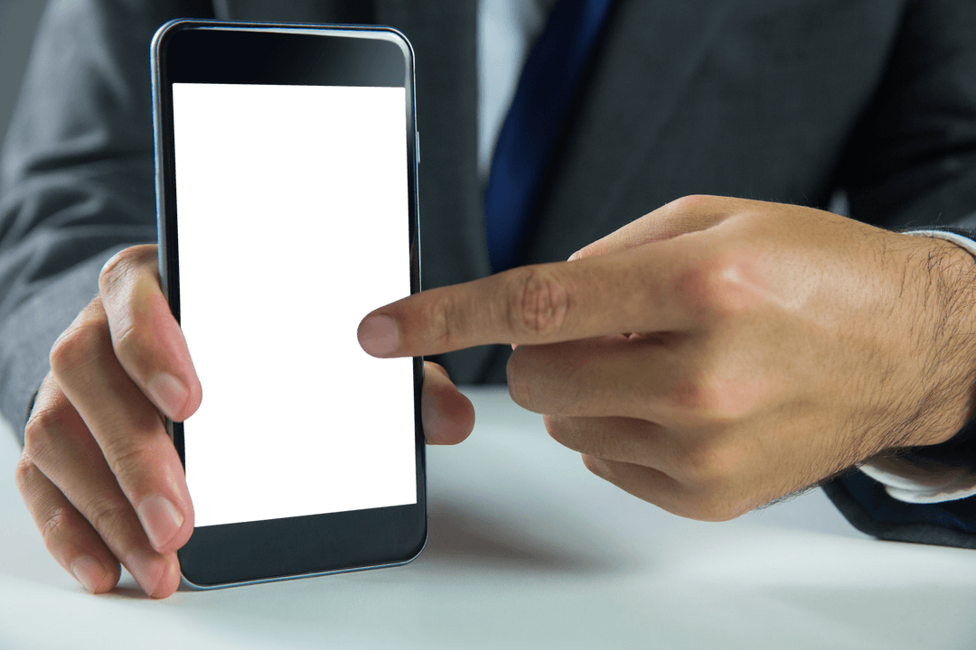 Caucasian Businessman Pointing at Smartphone on Transparent Background