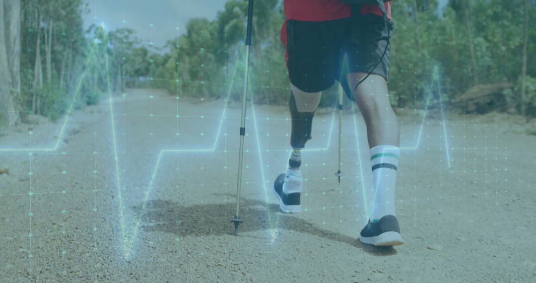 Man Walking with Prosthetic Leg on Nature Trail with Heartbeat Overlay