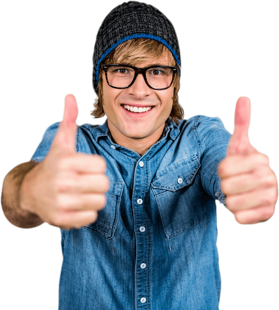 Smiling Hipster Gesturing Thumbs Up on Transparent Background