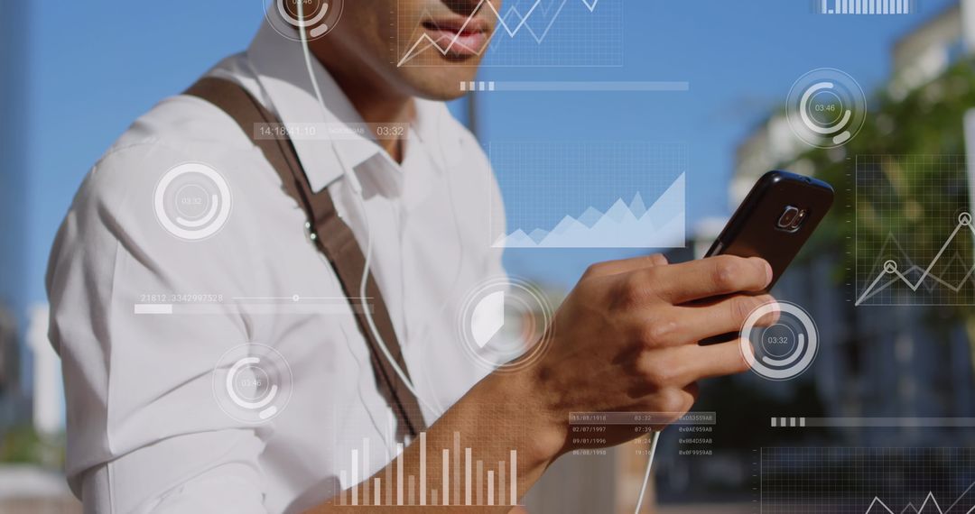 Financial Data Processing with Mixed-Race Businessman Using Smartphone