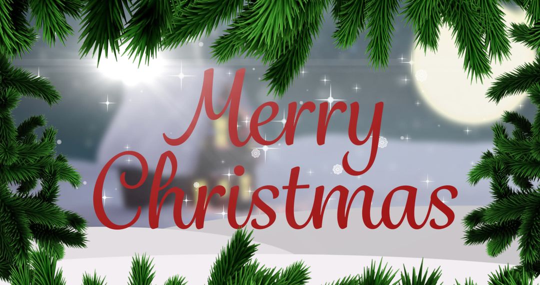 Merry Christmas Text Over Winter Scene with Snow and Fir Branches