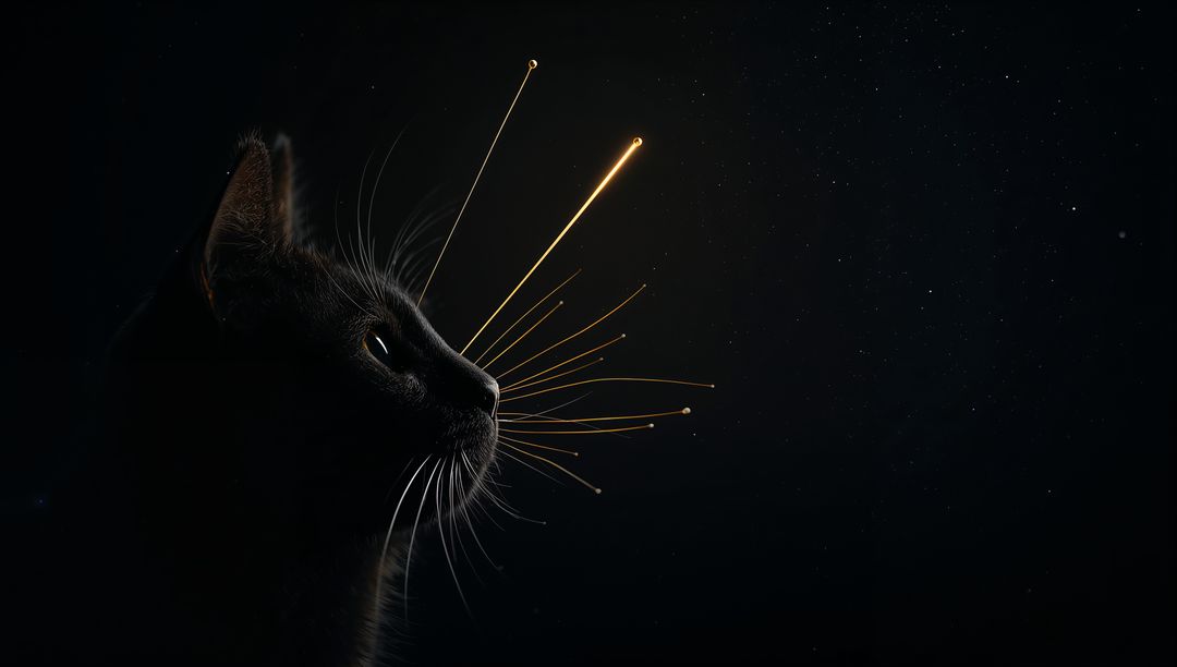 Black Cat Profile Gazing with Golden Whisker Trails and Starry Night Backdrop