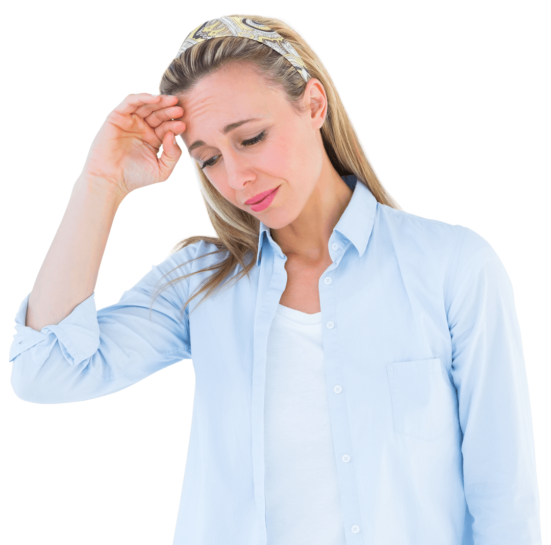 Transparent Image of Upset Woman Touching Forehead in Stress