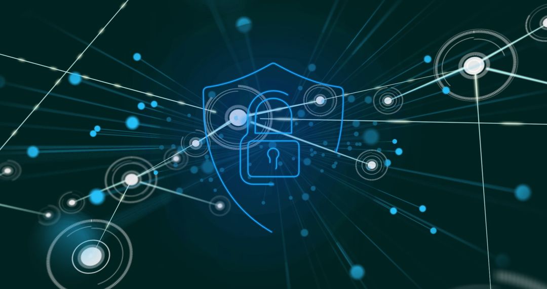 Digital Locking Shield with Network Connections Representing Cybersecurity