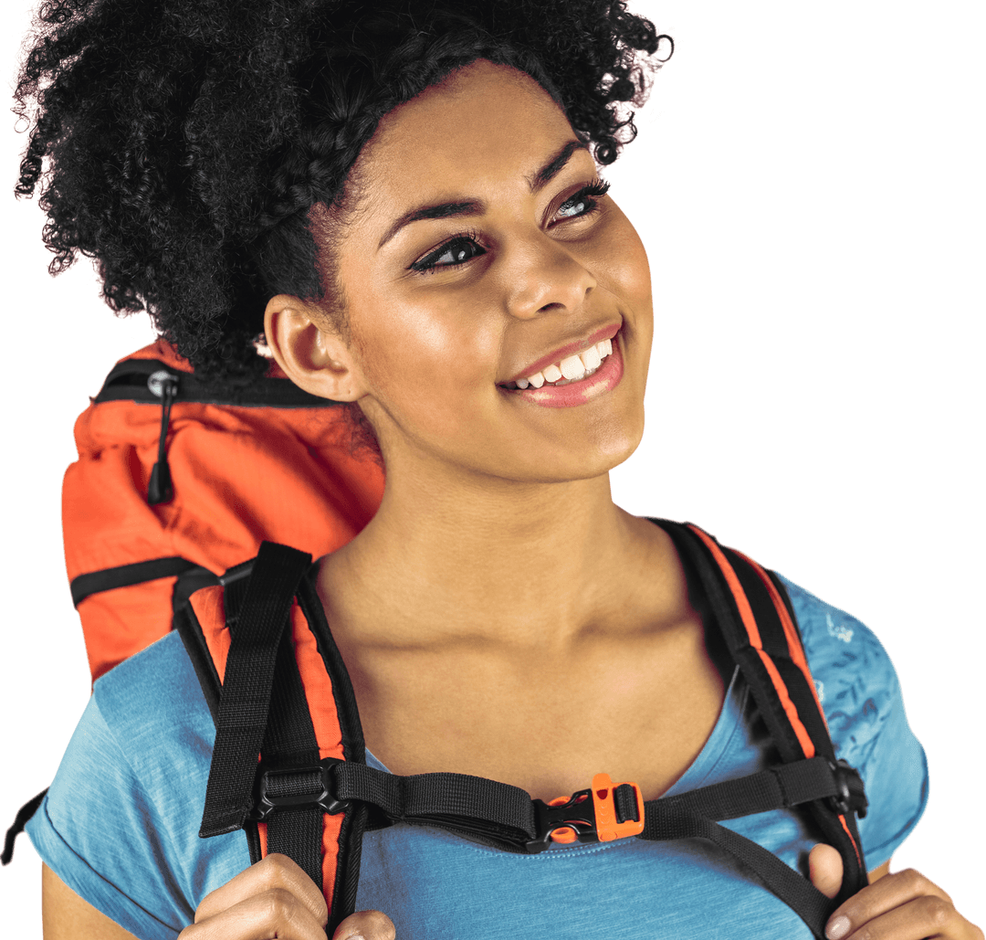 Transparent Happy Hiker with Backpack Looking Away