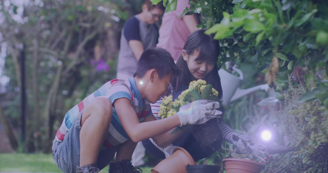 Mother and Son Bond Gardening in a Community Garden