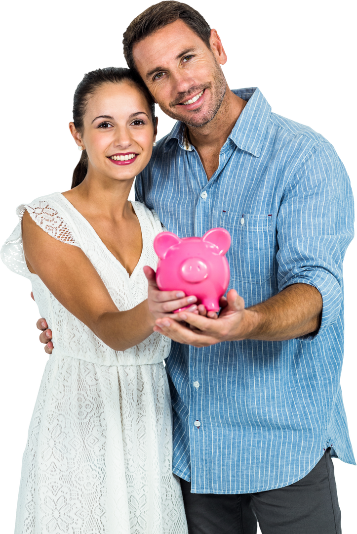 Happy Couple Holding Piggy Bank Isolated on Transparent Background - Download Free Stock Images Pikwizard.com