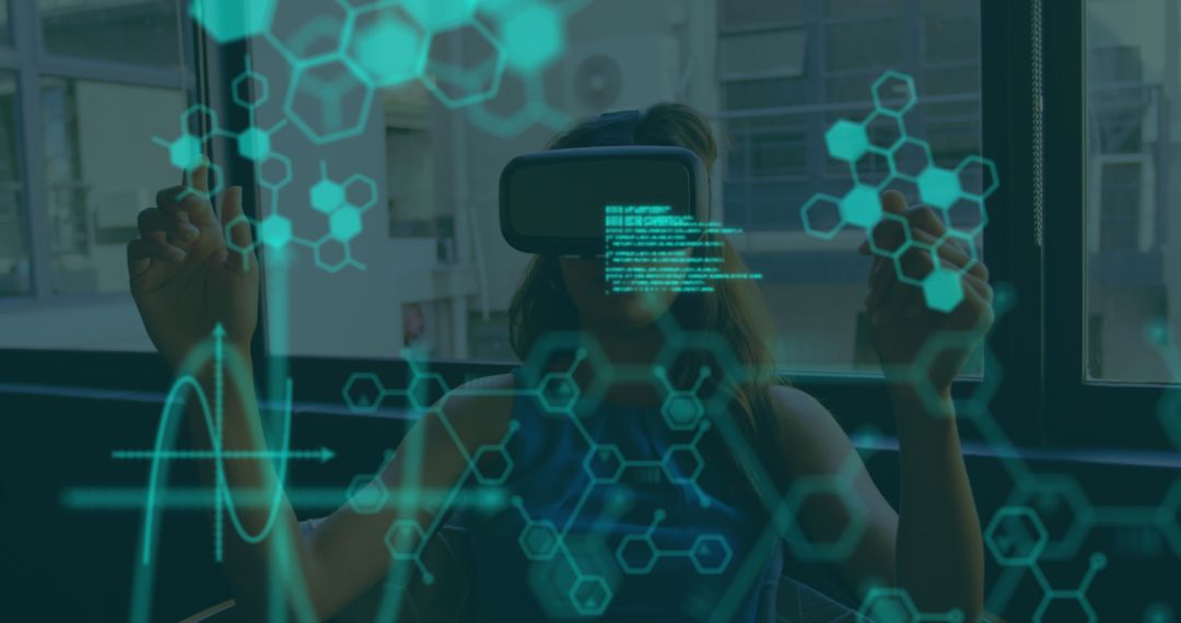 Woman Wearing VR Headset Navigating Virtual Data Interface