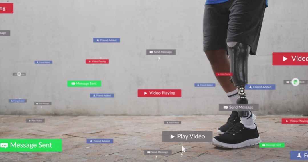 African American Man with Prosthetic Leg Surrounded by Notifications
