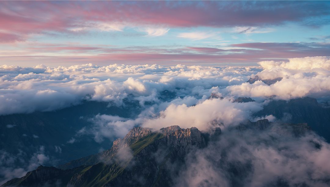 Aerial View of Mountain Ridge Above Clouds During Sunrise