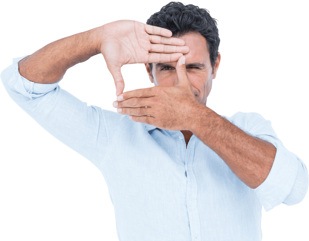 Confident Man Framing with Hands on Transparent Background