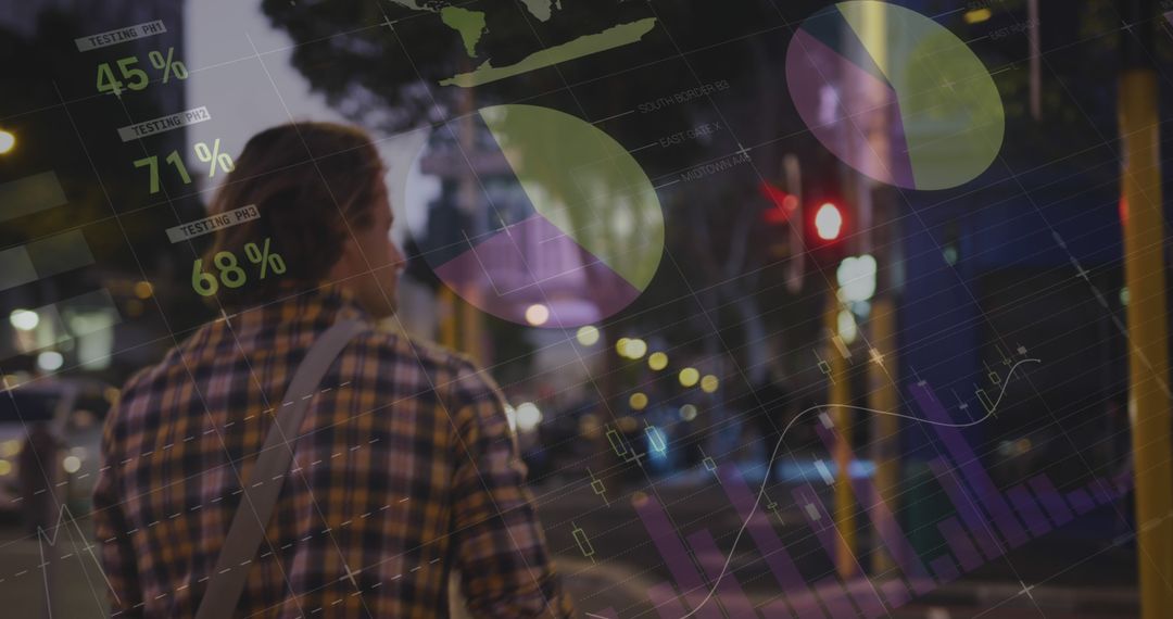 Man Walking At Night With Financial Data Visualization Overlay - Free Images, Stock Photos and Pictures on Pikwizard.com