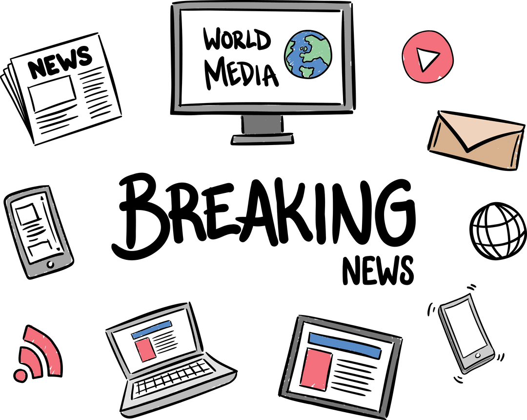 Digital Media Devices and Breaking News on Transparent Background