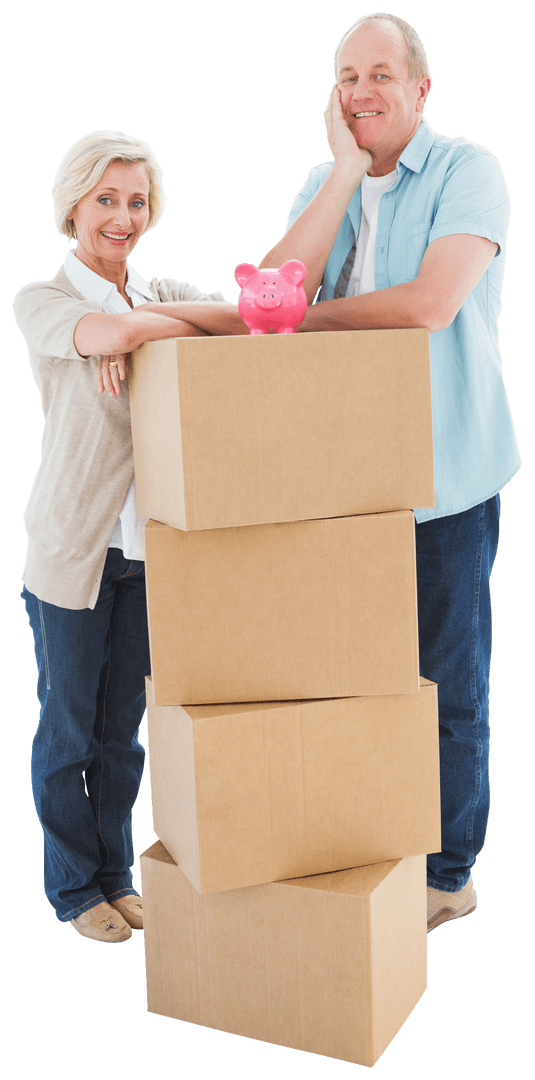Smiling Older Couple with Moving Boxes and Pink Piggy Bank Transparent Background